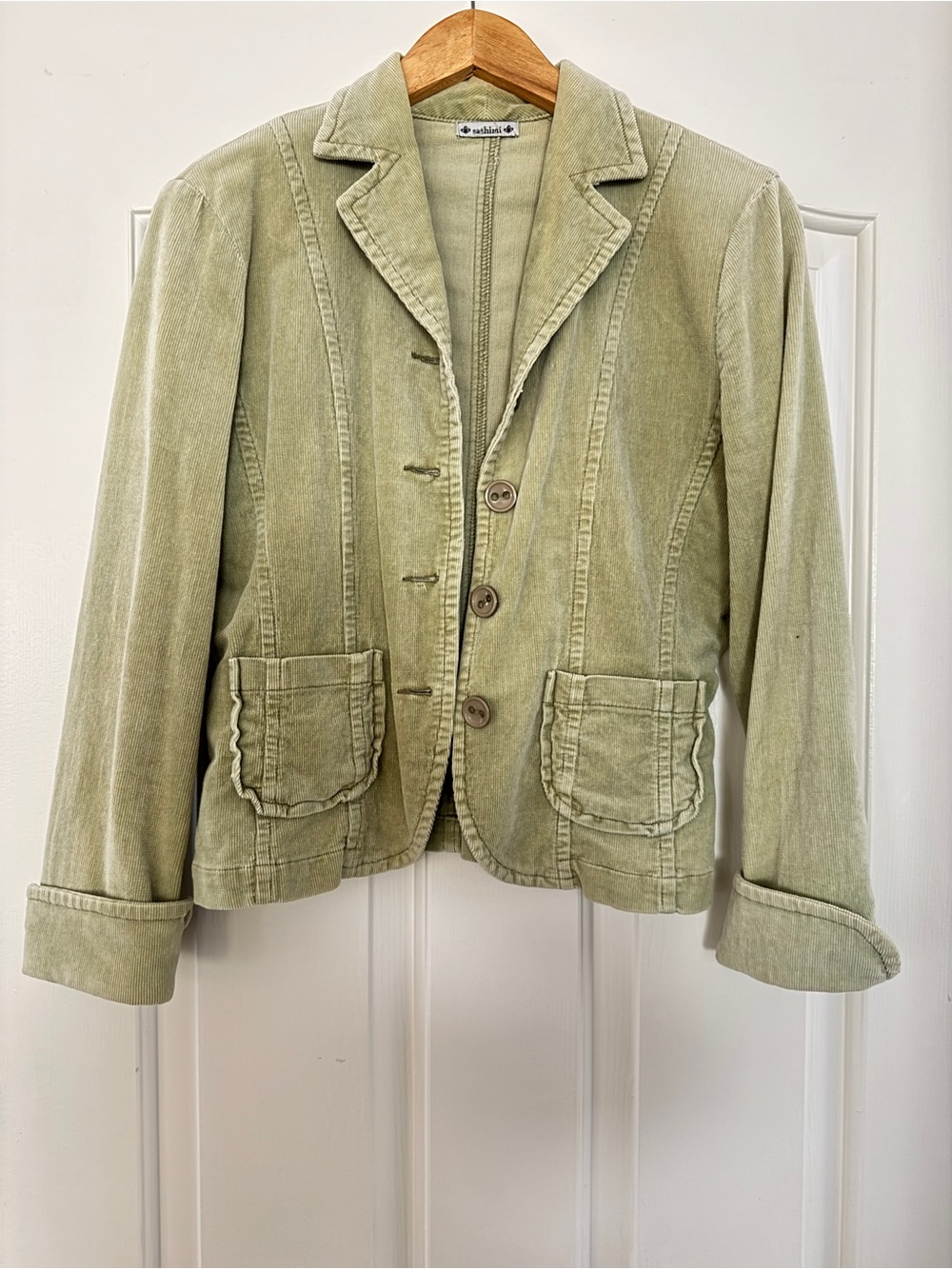 Sashimi Sage Green Corduroy Blazer Jacket Ruffle Pockets Cotton Stretch